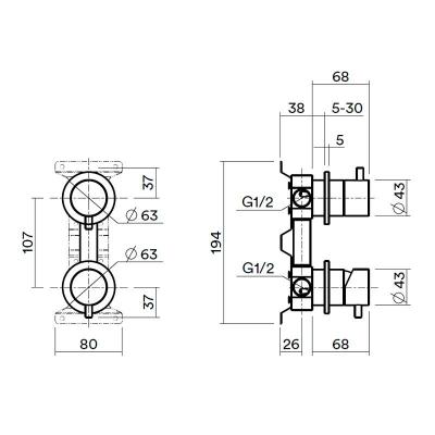 QuadroDesign IN047OR Встроенная часть для смесителя на 2 потока, Pink gold PVD