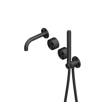 QuadroDesign STEREO 1669ON Группа смесителей из стены с прогрессивными картриджами на 2 потребителя с изливом, ручным душем, держателем, выпуском,шлангом 1500 мм, цвет Black Gold