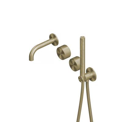 QuadroDesign STEREO 1669OC Группа смесителей из стены с прогрессивными картриджами на 2 потребителя с изливом, ручным душем, держателем, выпуском,шлангом 1500 мм, цвет Light Gold