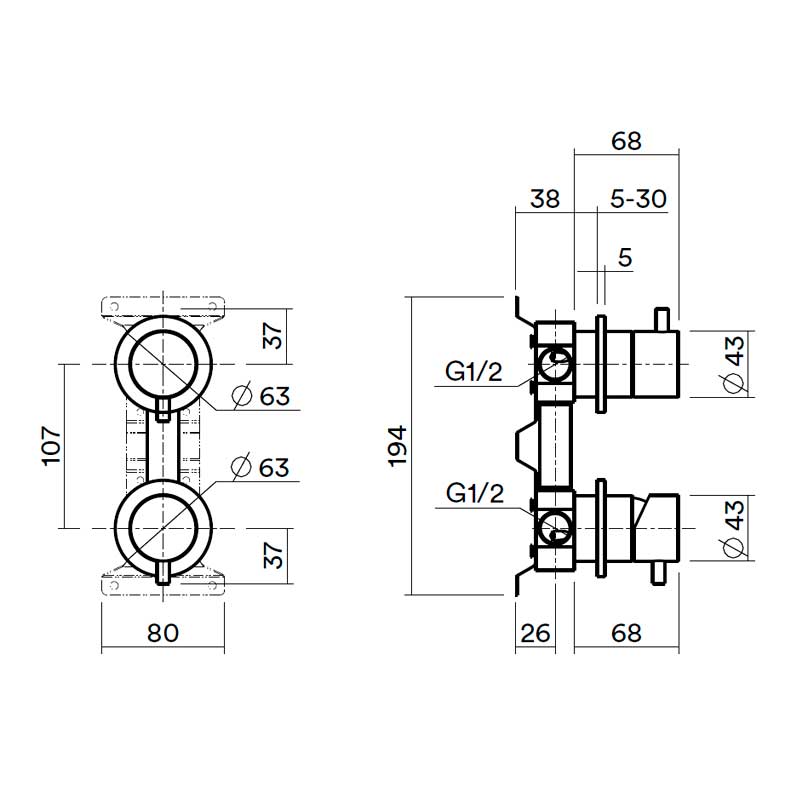 QuadroDesign IN047OC Встроенная часть для смесителя на 2 потока, Light Gold PVD